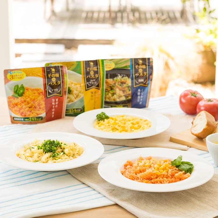 その場deパスタ　コーンクリーム・トマト・和風　30食まとめ売り　非常食　防災 その場deパスタのこだわり】お湯で3分！うまみと栄養を閉じ込めた非常